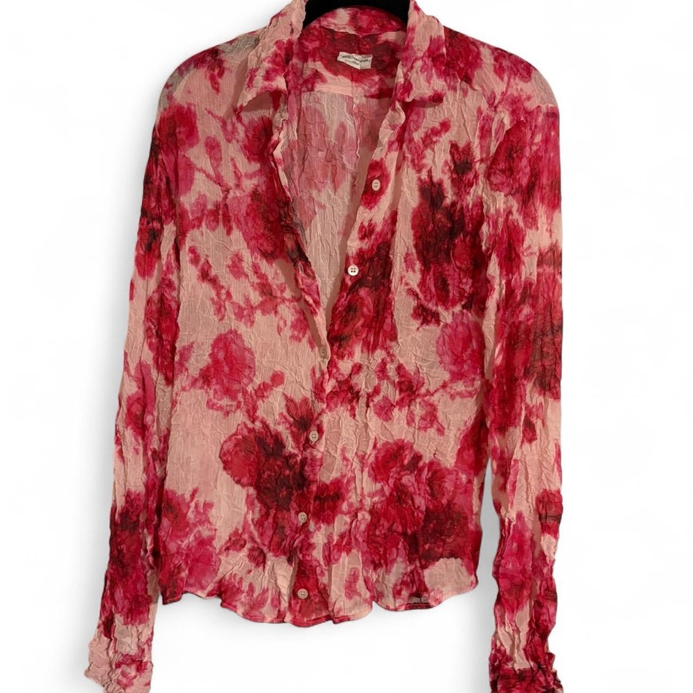 Dries Van Noten Red and Pink Floral Button Down Crinkle Crushed Shirt